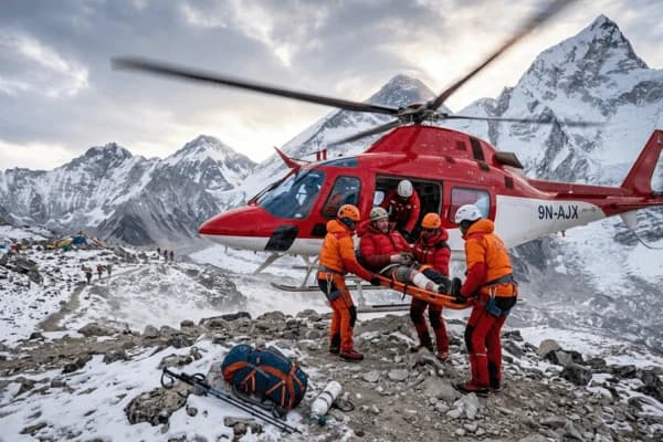 Helicopter-rescue-of-an-injured-trekker-during-an-Everest-trek-in-snowy-Himalayan-mountain