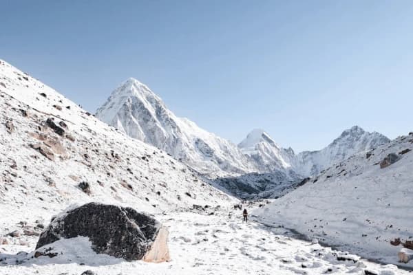 snow covered Himalayan peaks near Everest Base Camp under clear blue sky